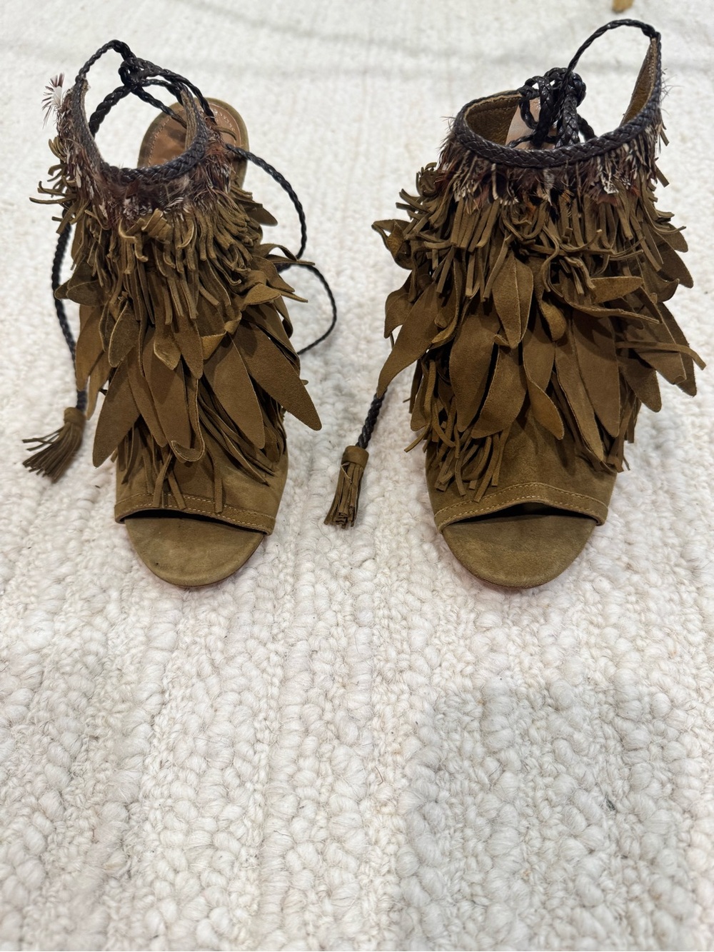 Aquazzura Olive Fringe Suede Open-Toe Booties